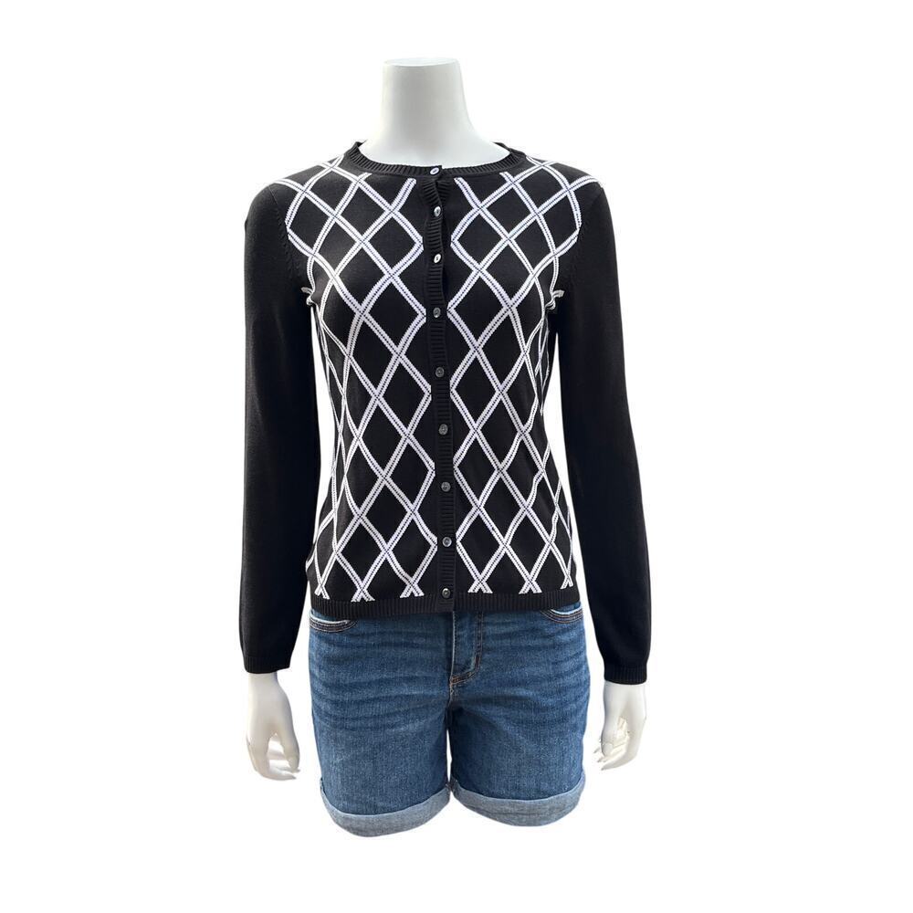 Brooks Brothers Argyle Cardigan Black White Silk Cotton Sweater XS Classic
